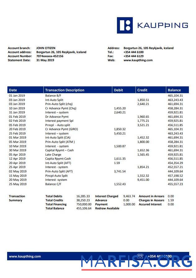 Realistic Iceland Kaupthing bank statement word template
